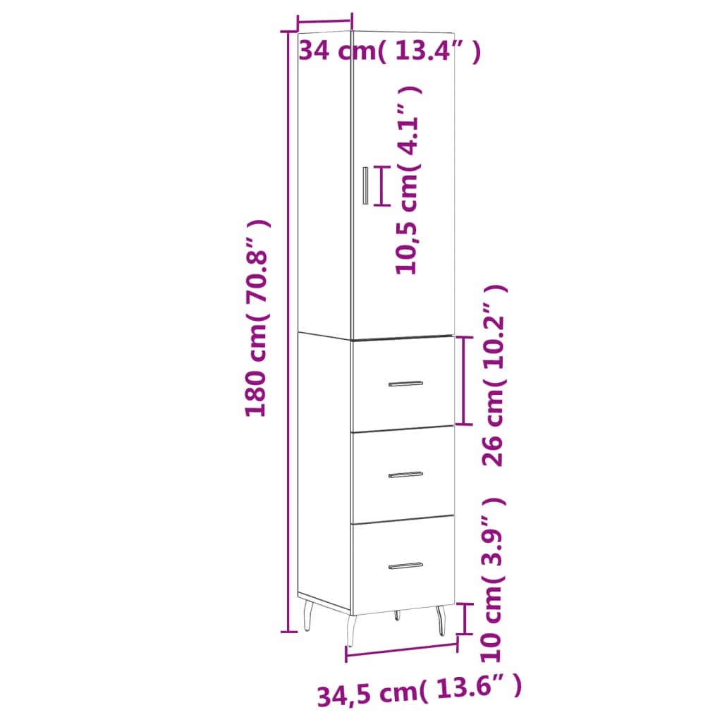 vidaXL Kaappi betoninharmaa 34,5x34x180 cm tekninen puu