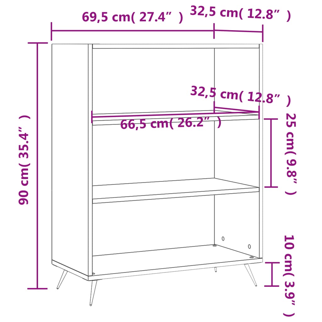 vidaXL Kirjahylly korkeakiilto valkoinen 69,5x32,5x90 cm tekninen puu