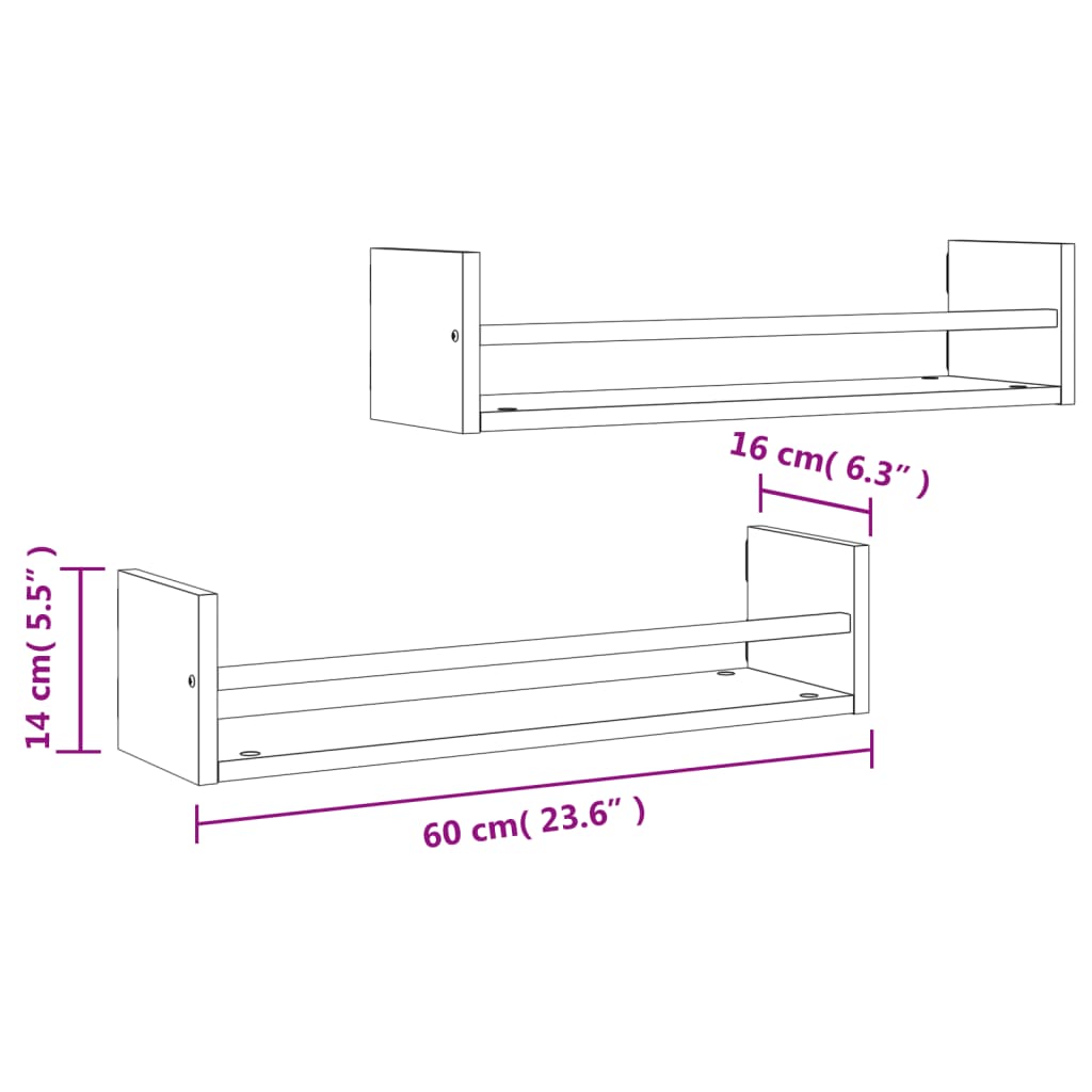 vidaXL Seinähyllyt tangoilla 2 kpl ruskea tammi 60x16x14 cm