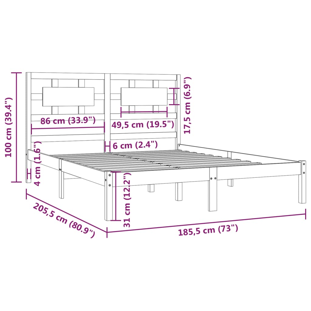 vidaXL Sängynrunko harmaa täysi mänty 180x200 cm Super King