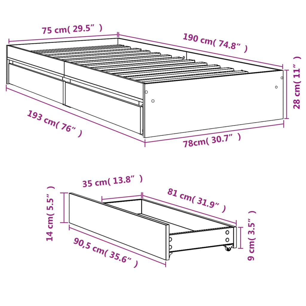 vidaXL Sängynrunko laatikoilla harmaa Sonoma 75x190 cm tekninen puu