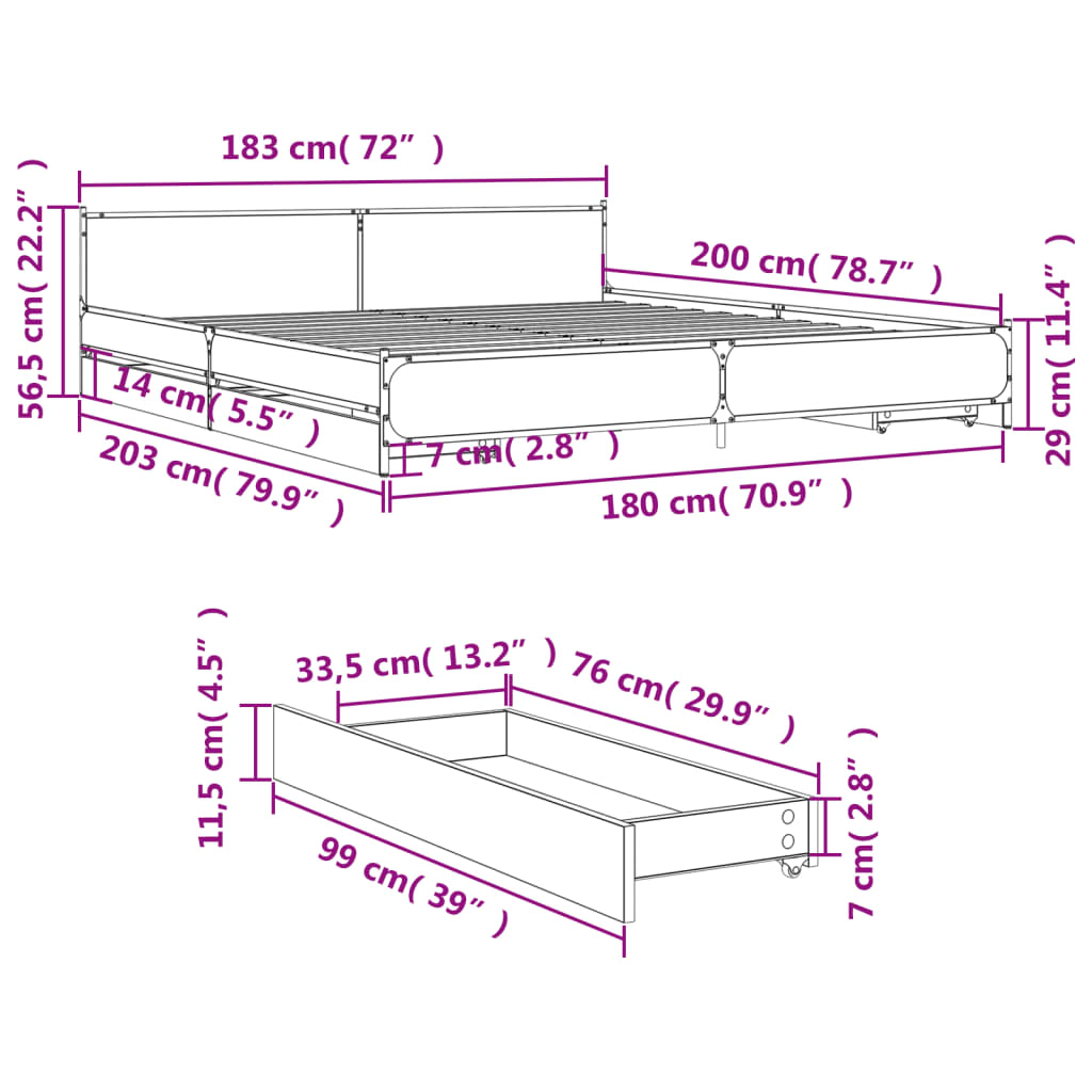 vidaXL Sängynrunko laatikoilla musta 180x200 cm tekninen puu