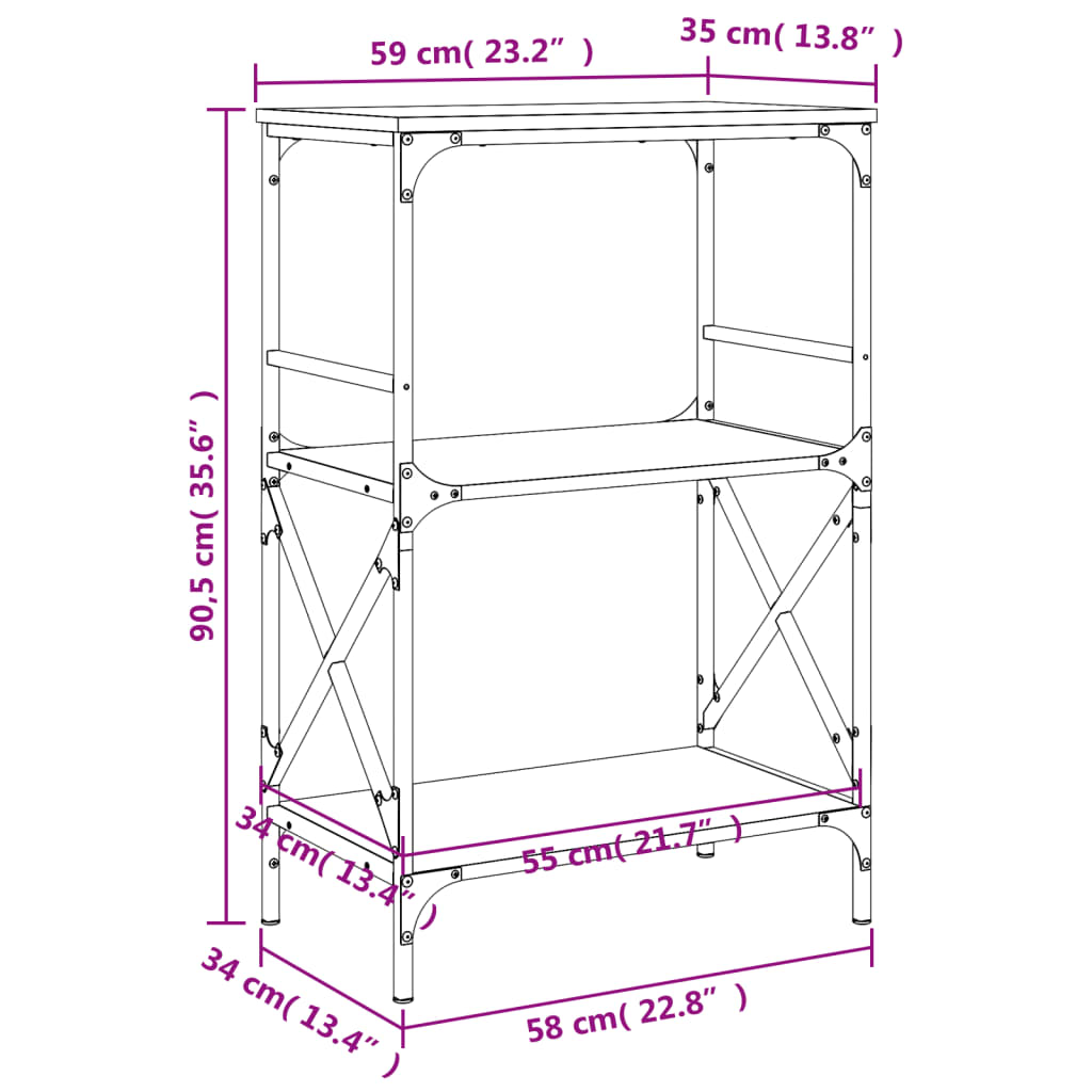 vidaXL Kirjahylly 3 kerrosta ruskea tammi 59x35x90,5 cm tekninen puu