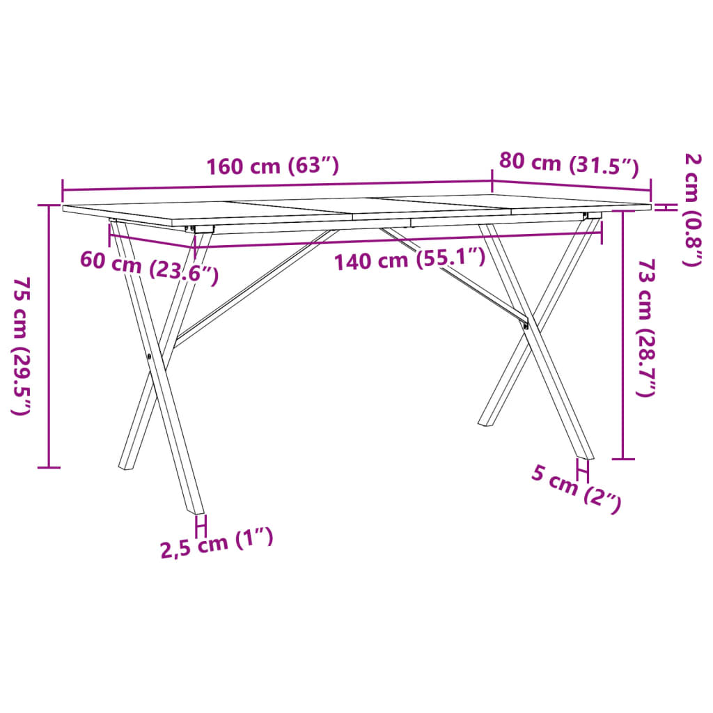 vidaXL Ruokapöytä X-runko 160x80x75 cm täysi mänty ja valurauta