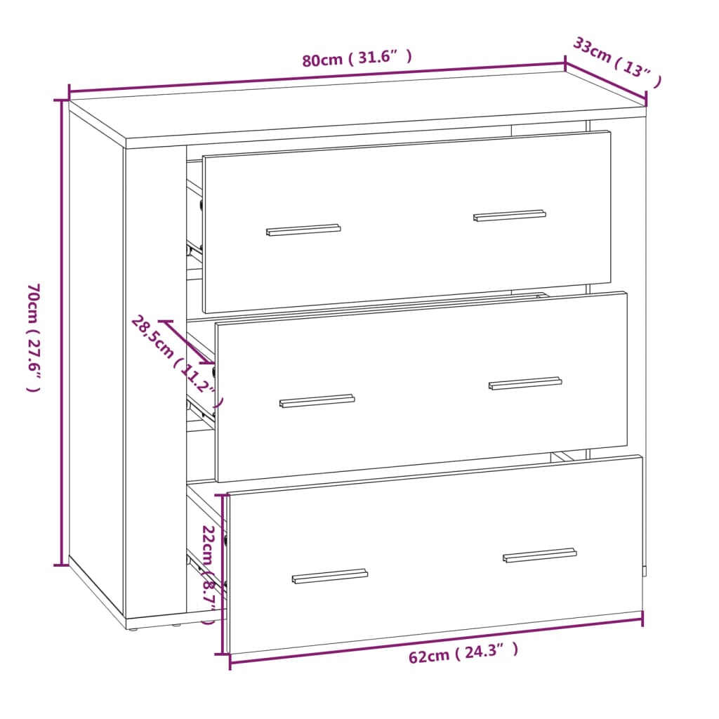 vidaXL Senkki harmaa Sonoma 80x33x70 cm tekninen puu