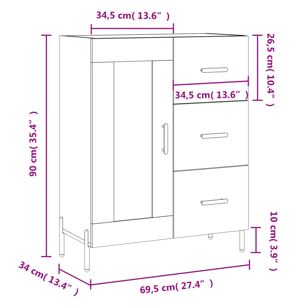 vidaXL Senkki korkeakiilto valkoinen 69,5x34x90 cm tekninen puu