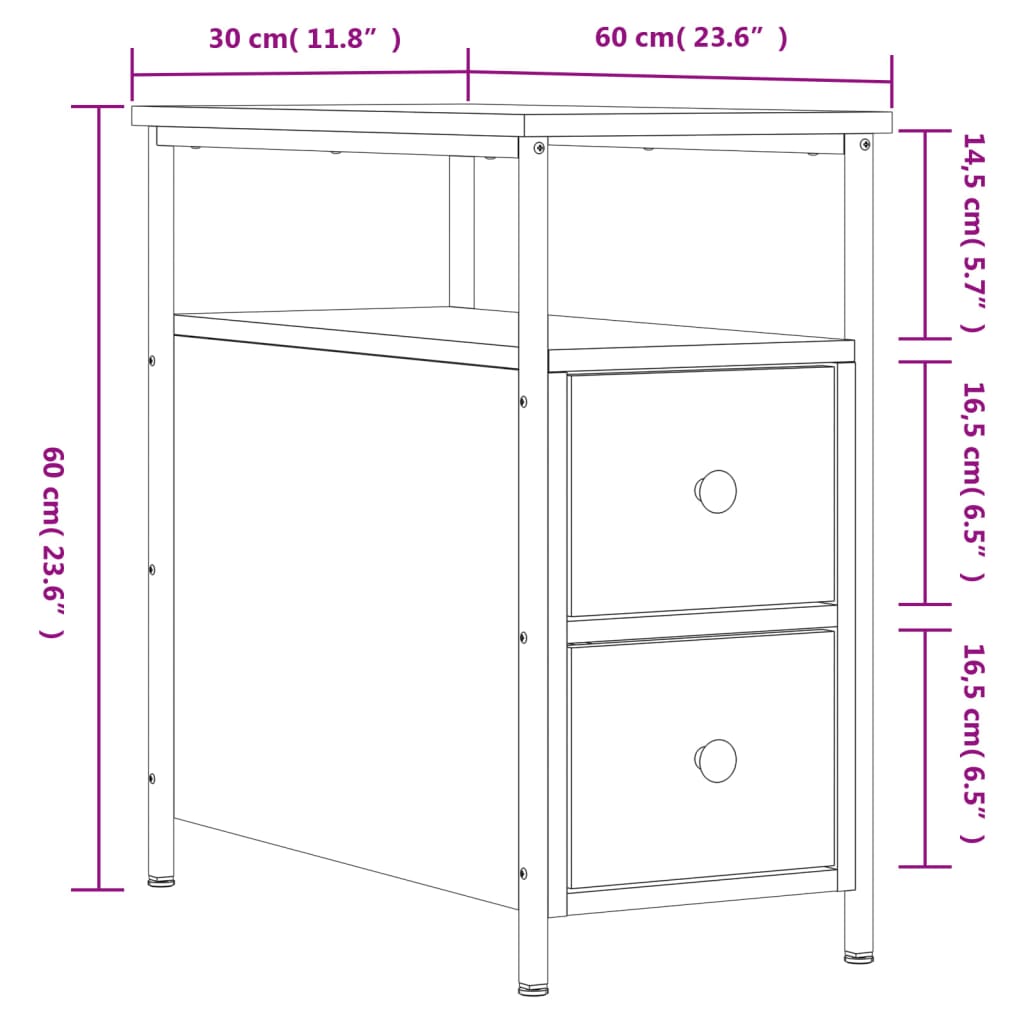 vidaXL Yöpöydät 2 kpl harmaa Sonoma 30x60x60 cm tekninen puu