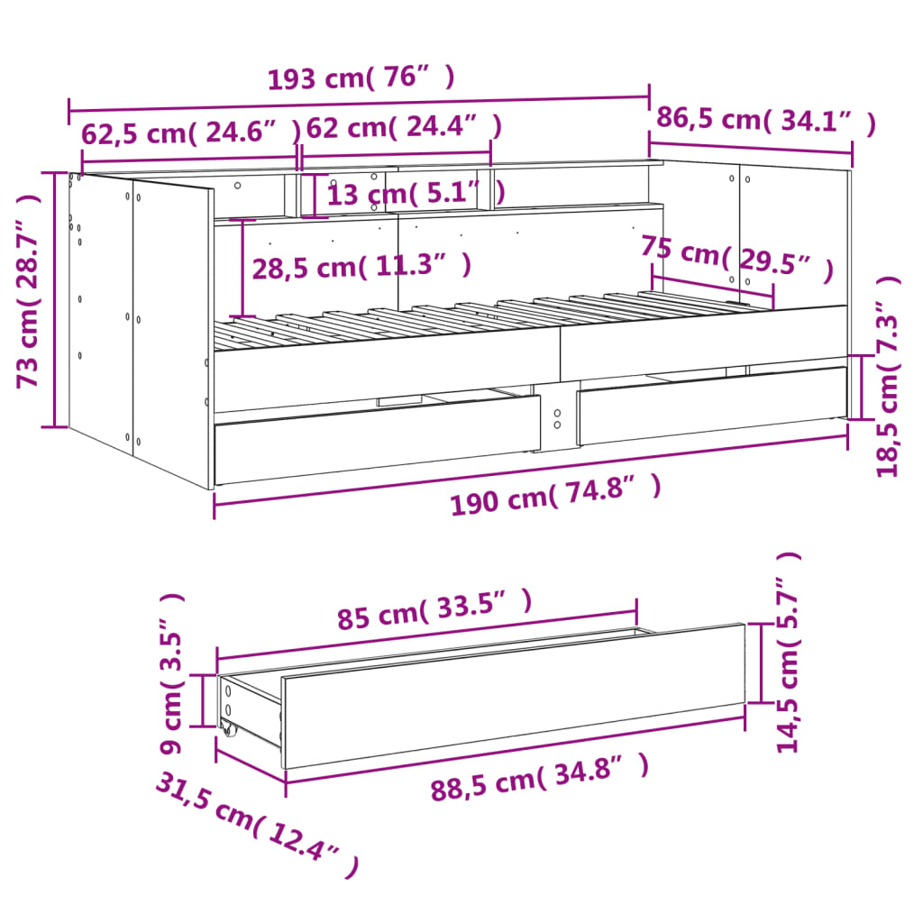 vidaXL Vuodesohva laatikoilla ei patjaa musta 75x190 cm