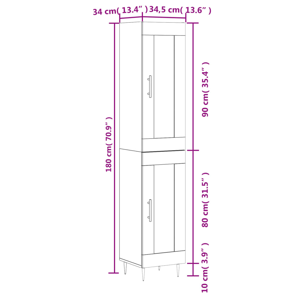 vidaXL Kaappi ruskea tammi 34,5x34x180 cm tekninen puu