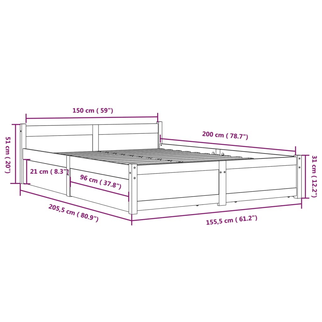 vidaXL Sängynrunko laatikoilla harmaa 150x200 cm King Size