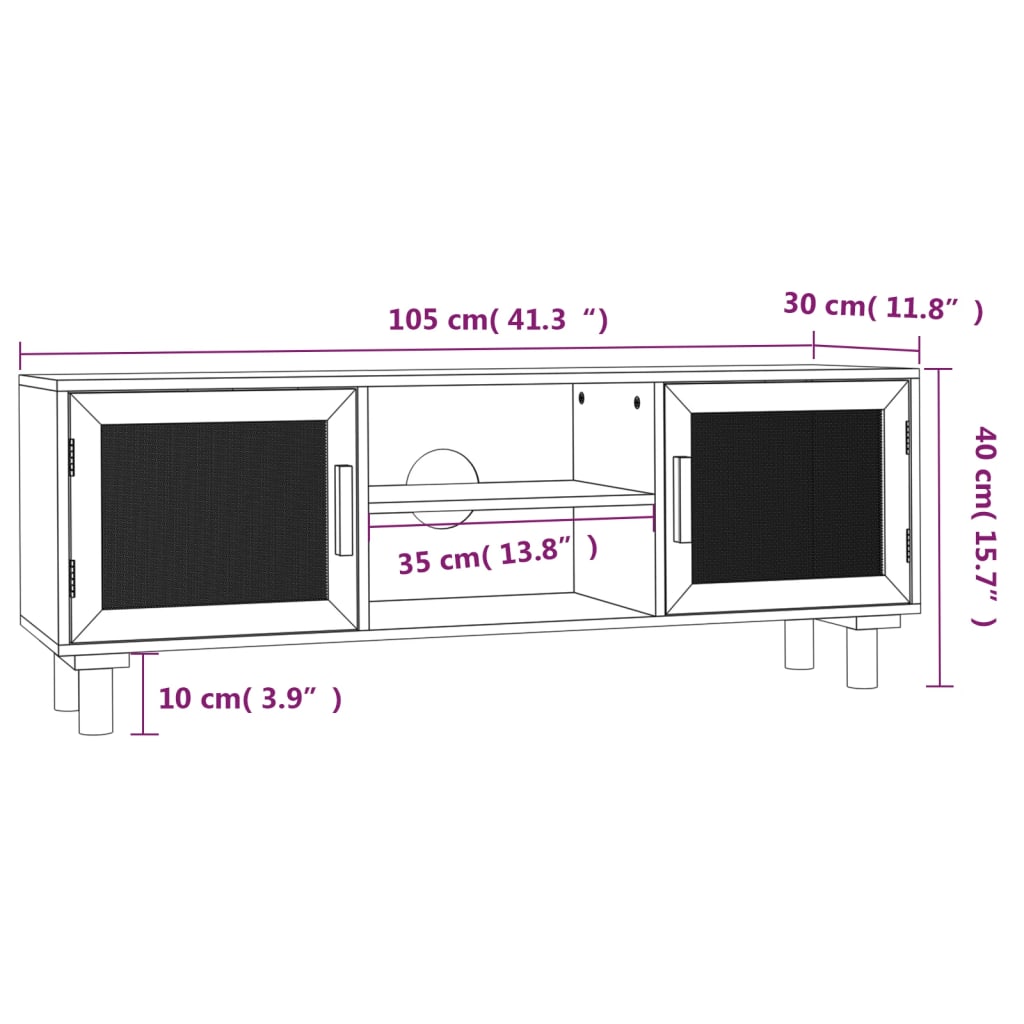 vidaXL TV-taso valkoinen 105x30x40 cm täysi mänty ja luonnonrottinki