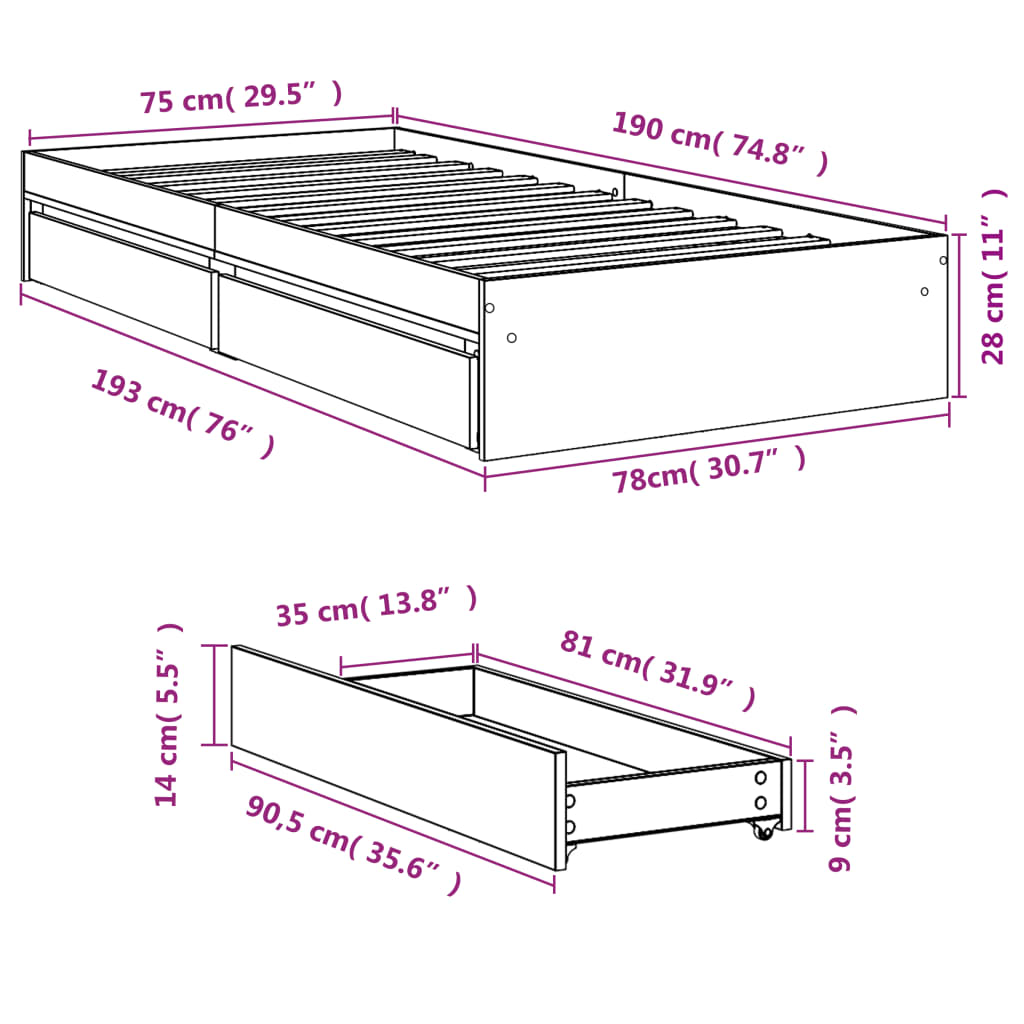 vidaXL Sängynrunko laatikoilla Sonoma-tammi 75x190 cm tekninen puu