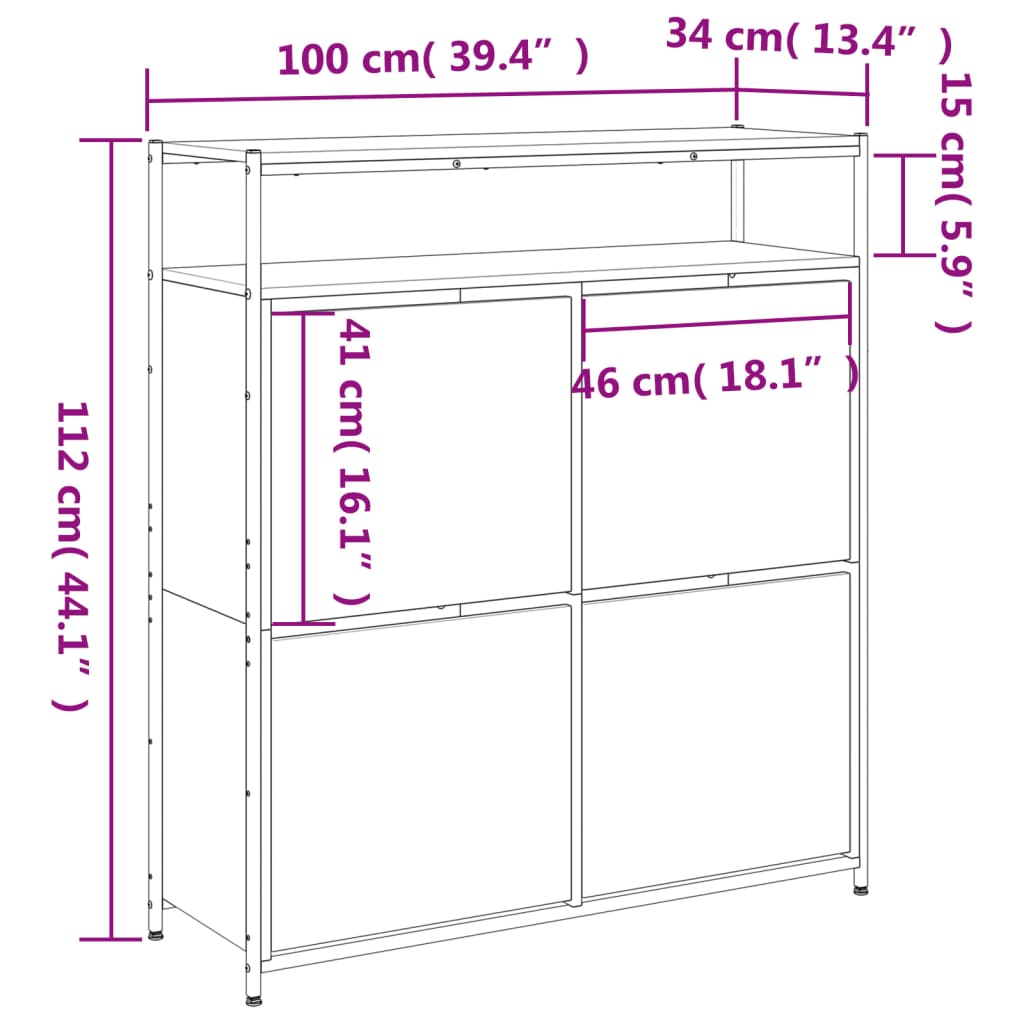 vidaXL Kenkäkaappi 4 kääntölaatikolla Sonoma-tammi 100x34x112 cm