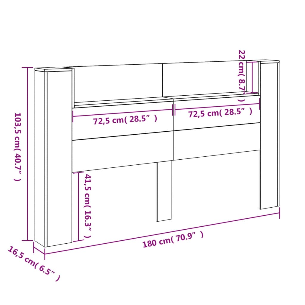 vidaXL Sängynpäätykaappi LED-valoilla musta 180x16,5x103,5 cm