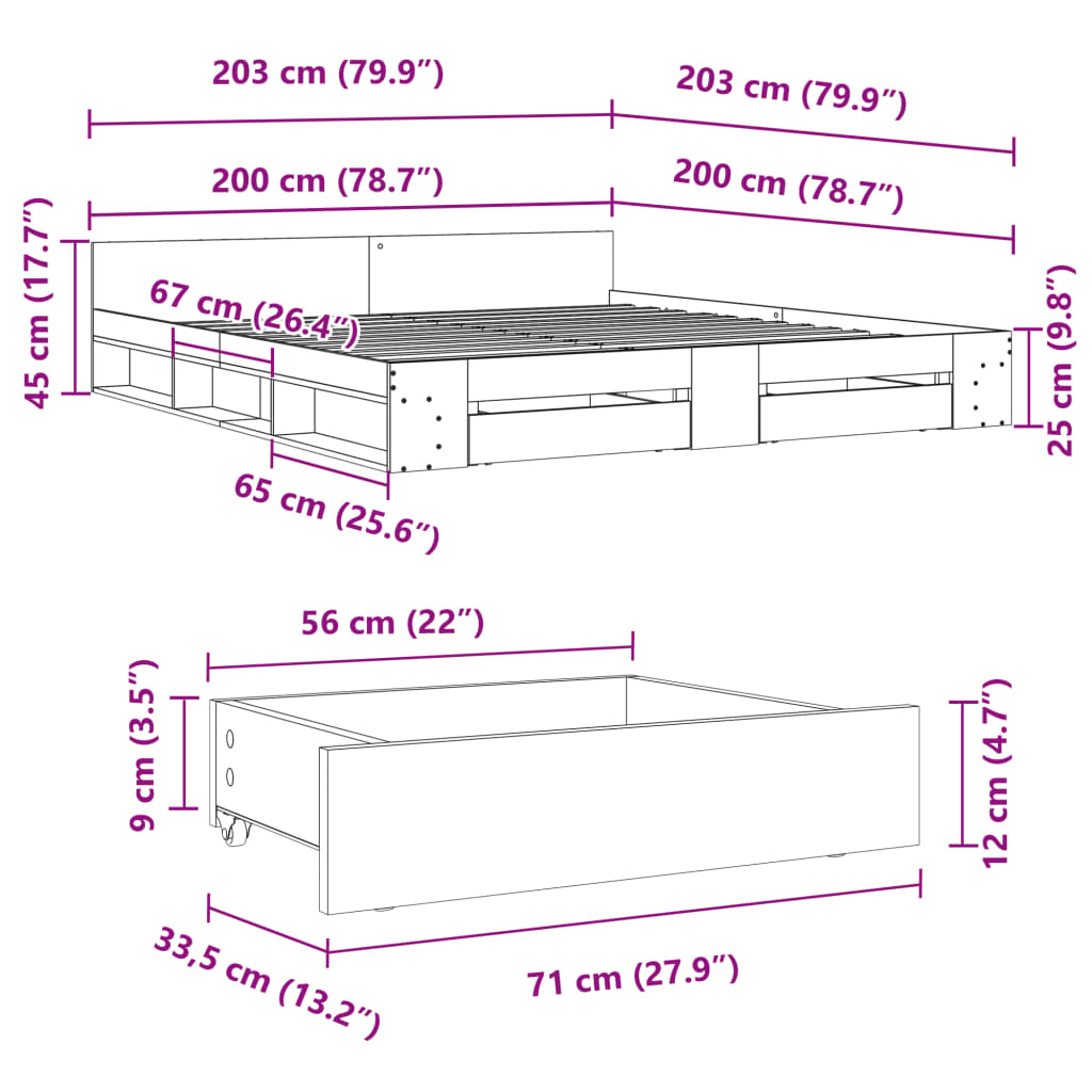 vidaXL Sängynrunko laatikoilla Sonoma-tammi 200x200 cm tekninen puu