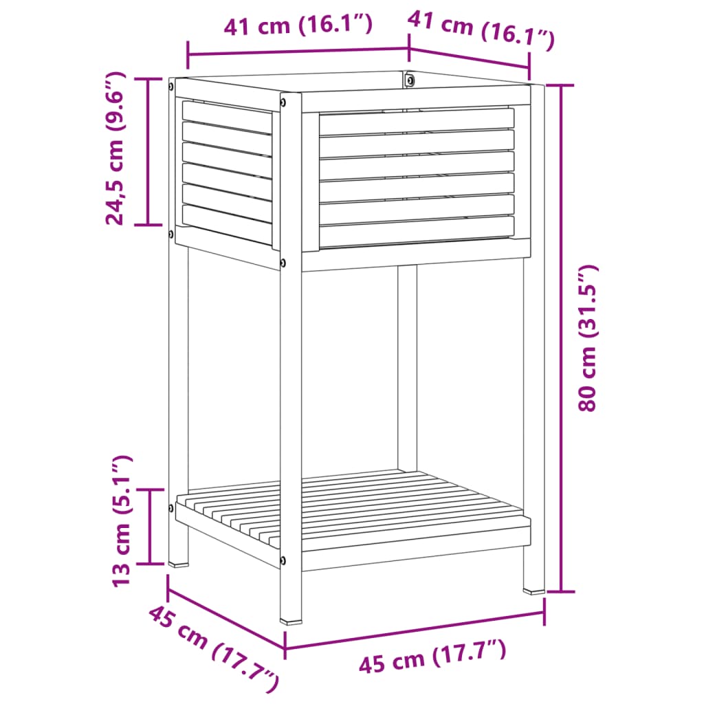 vidaXL Kukkalaatikko hyllyllä 45x45x80 cm täysi akasiapuu ja teräs