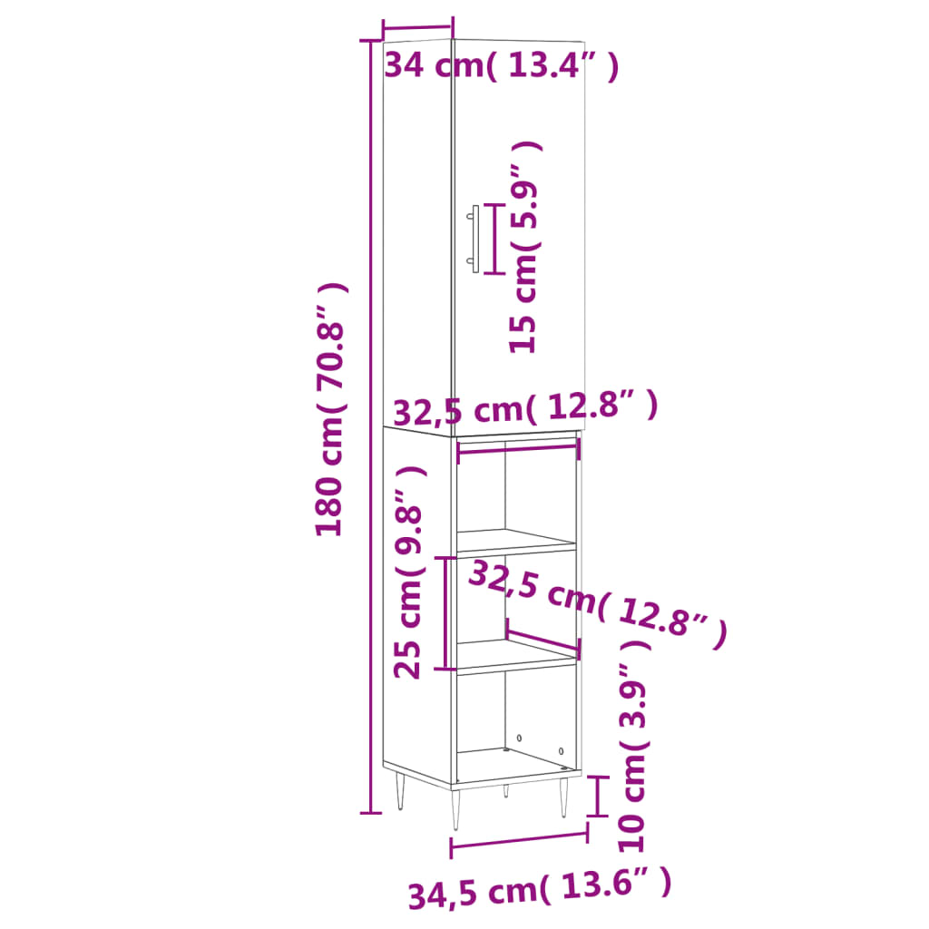 vidaXL Kaappi betoninharmaa 34,5x34x180 cm tekninen puu