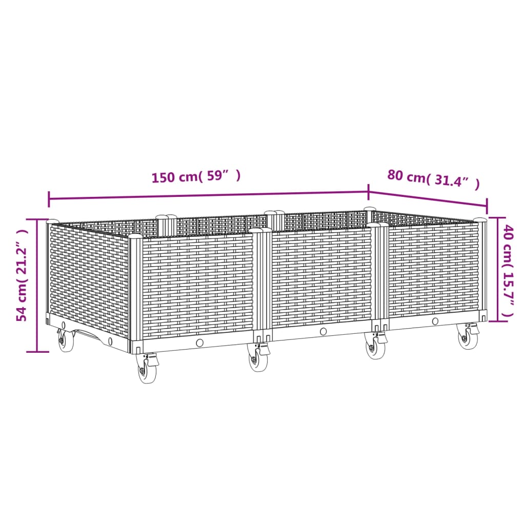 vidaXL Ulkokukkalaatikko pyörillä musta 150x80x54 cm PP