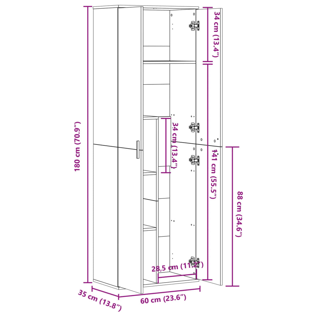 vidaXL Kaappi harmaa Sonoma 60x35x180 cm lastulevy