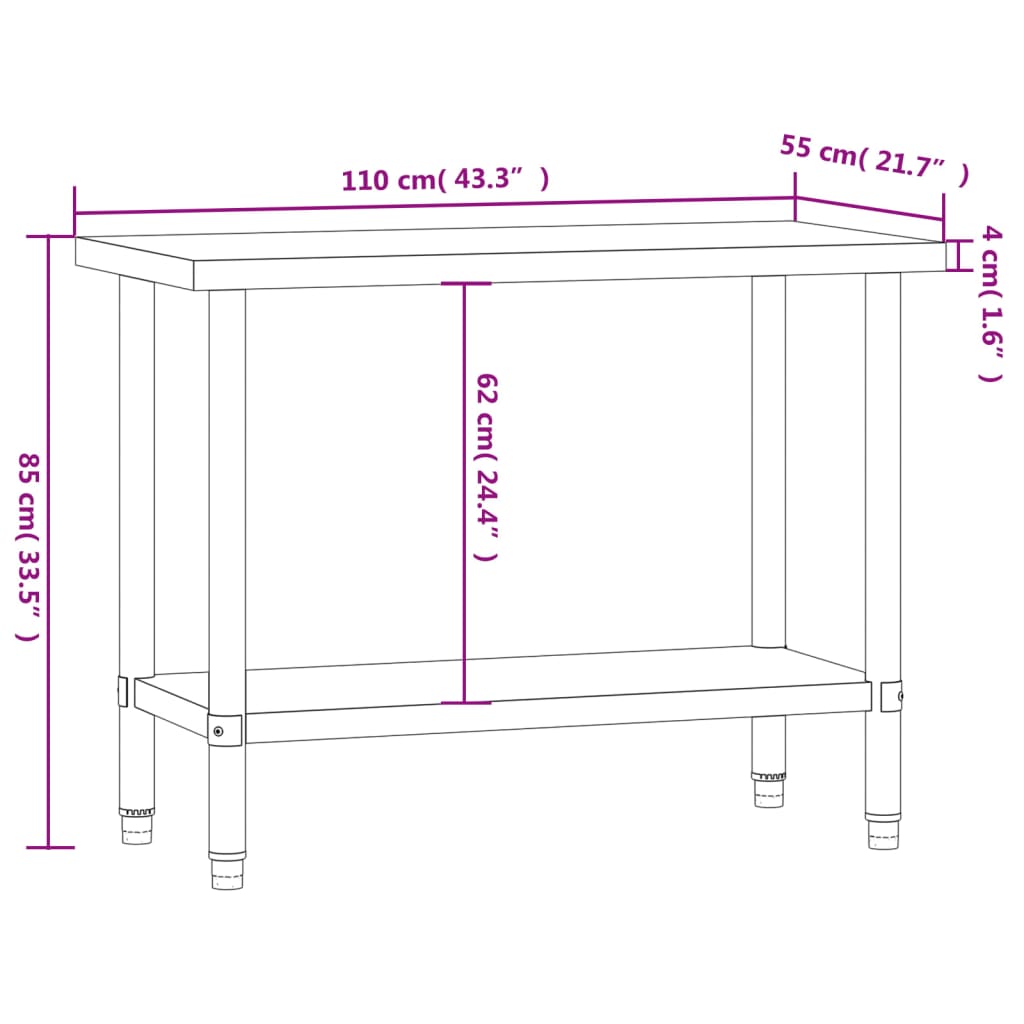 vidaXL Keittiön työpöytä 110x55x85 cm ruostumaton teräs