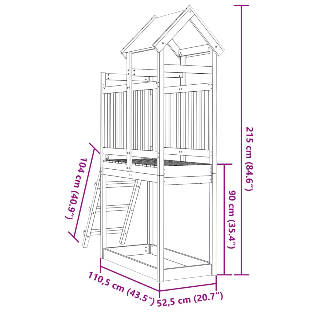 vidaXL Leikkitorni tikkailla 110,5x52,5x215 cm kyllästetty mänty