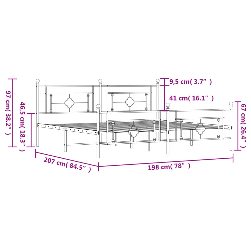 vidaXL Metallinen sängynrunko päädyillä valkoinen 193x203 cm