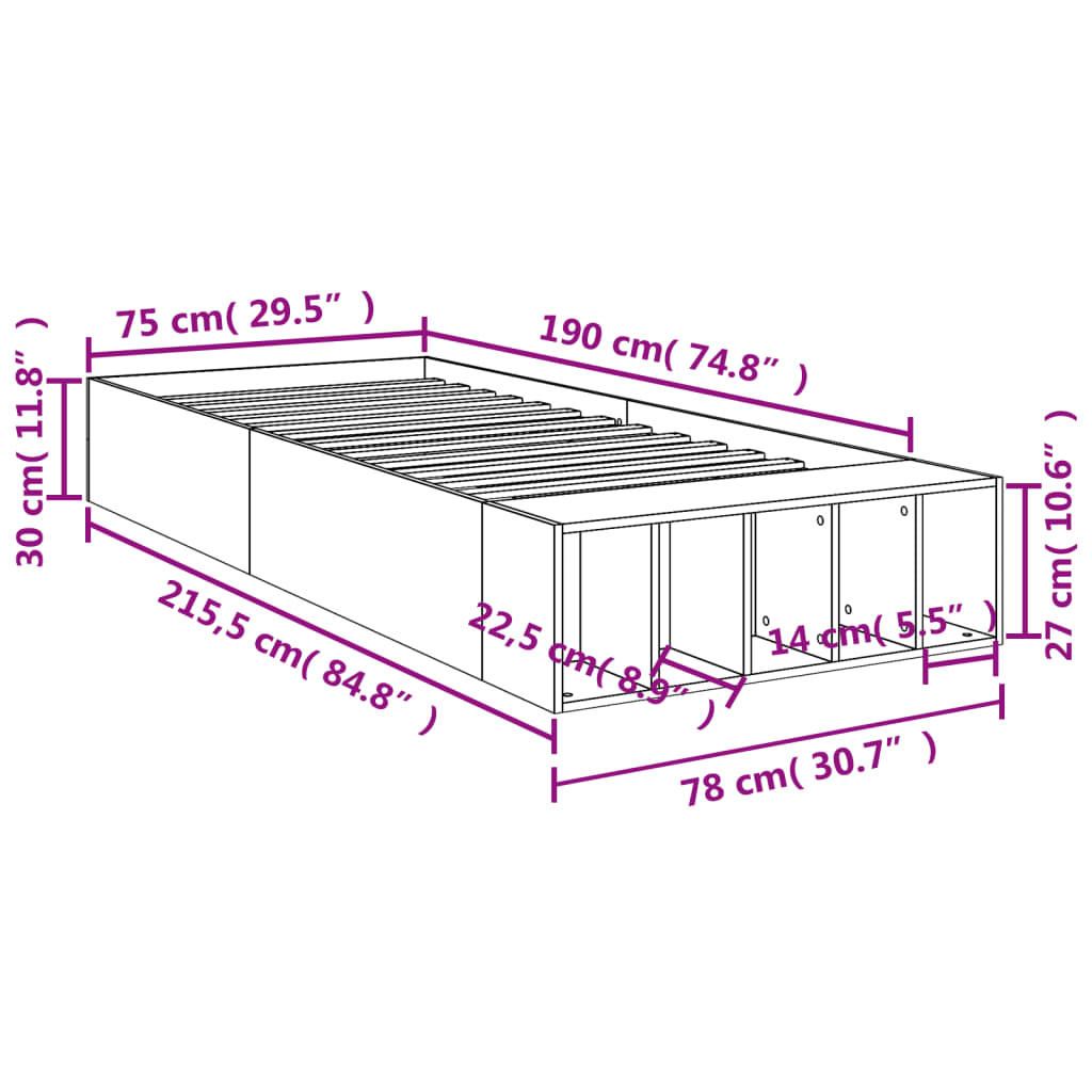 vidaXL Sängynrunko Sonoma-tammi 75x190 cm tekninen puu