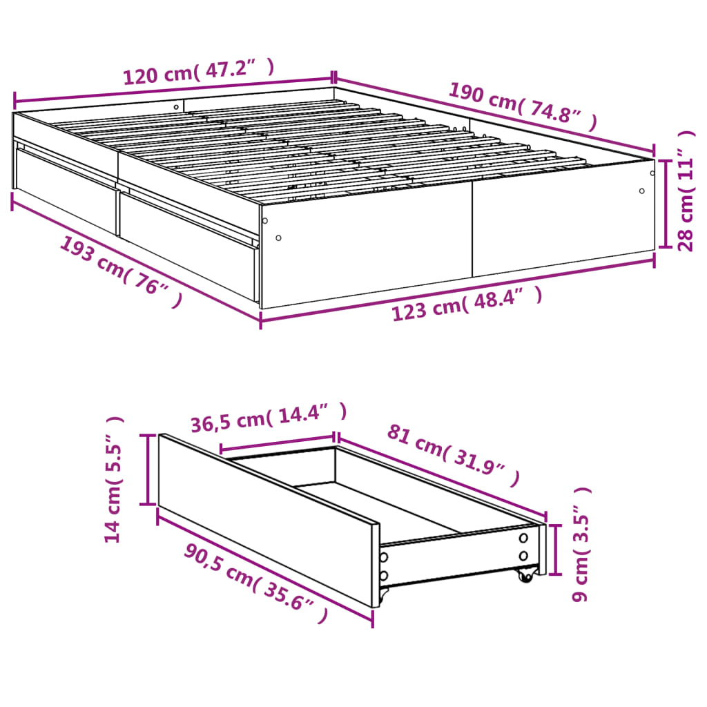 vidaXL Sängynrunko laatikoilla betoninharmaa 120x190 cm tekninen puu