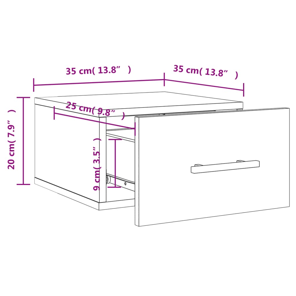vidaXL Seinäkiinnitettävät yöpöydät 2 kpl savutammi 35x35x20 cm