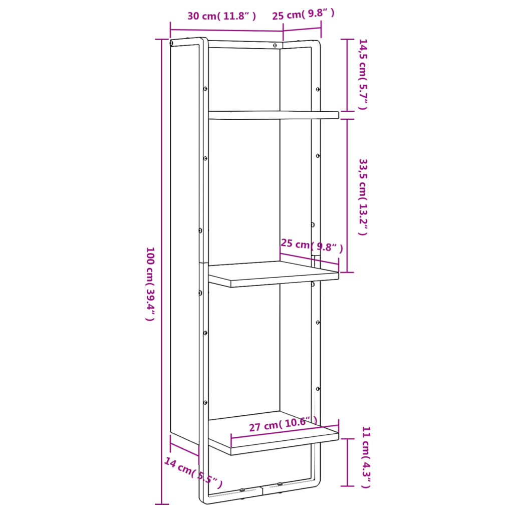 vidaXL Seinähylly 3 kerrosta musta 30x25x100 cm tekninen puu