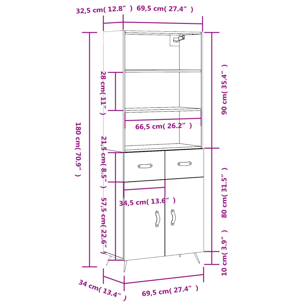 vidaXL Kaappi ruskea tammi 69,5x34x180 cm tekninen puu