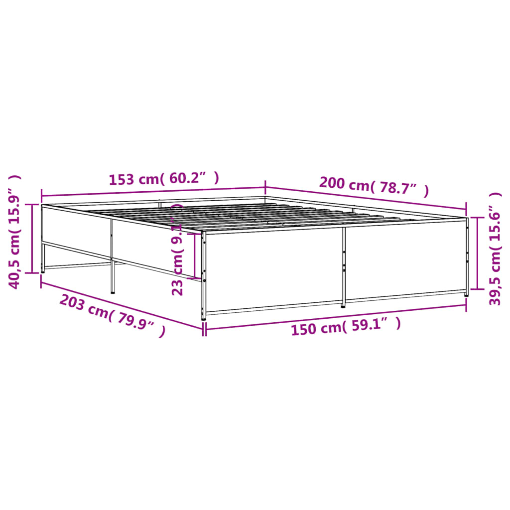 vidaXL Sängynrunko savutammi 150x200 cm tekninen puu ja metalli