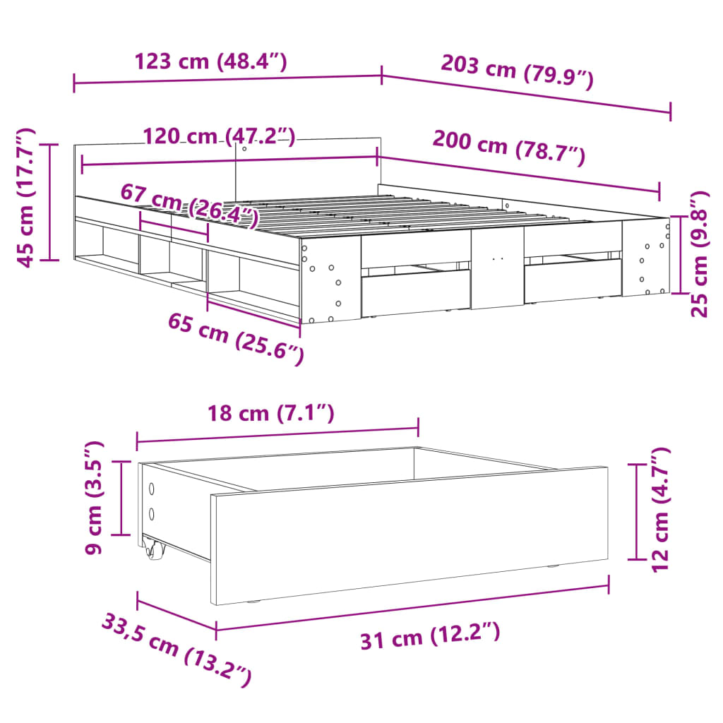 vidaXL Sängynrunko laatikoilla valkoinen 120x200 cm tekninen puu