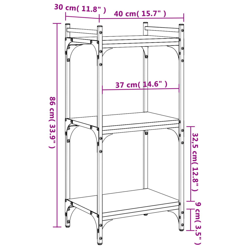 vidaXL Kirjahylly 3 kerrosta savutammi 40x30x86 cm tekninen puu