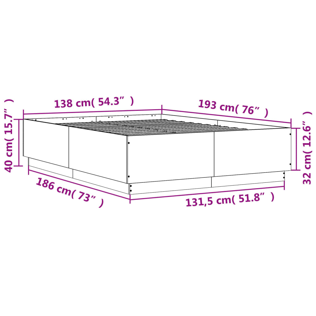 vidaXL Sängynrunko LED-valoilla ruskea tammi 135x190 cm tekninen puu