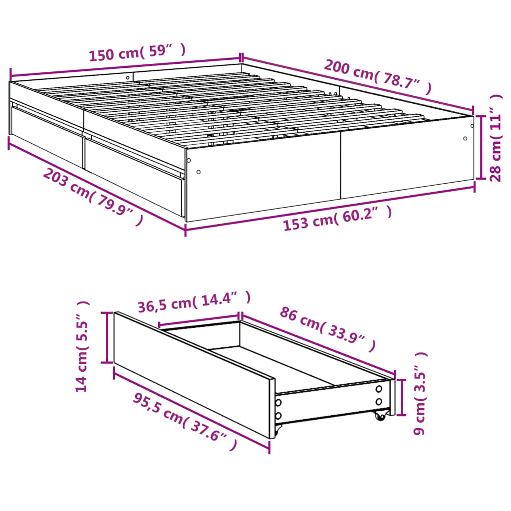 vidaXL Sängynrunko laatikoilla ruskea tammi 150x200 cm tekninen puu