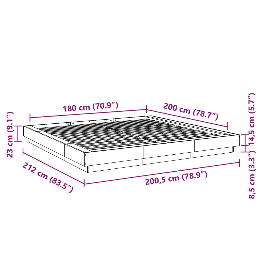 vidaXL Sängynrunko LED-valoilla betoninharmaa 180x200 cm tekninen puu