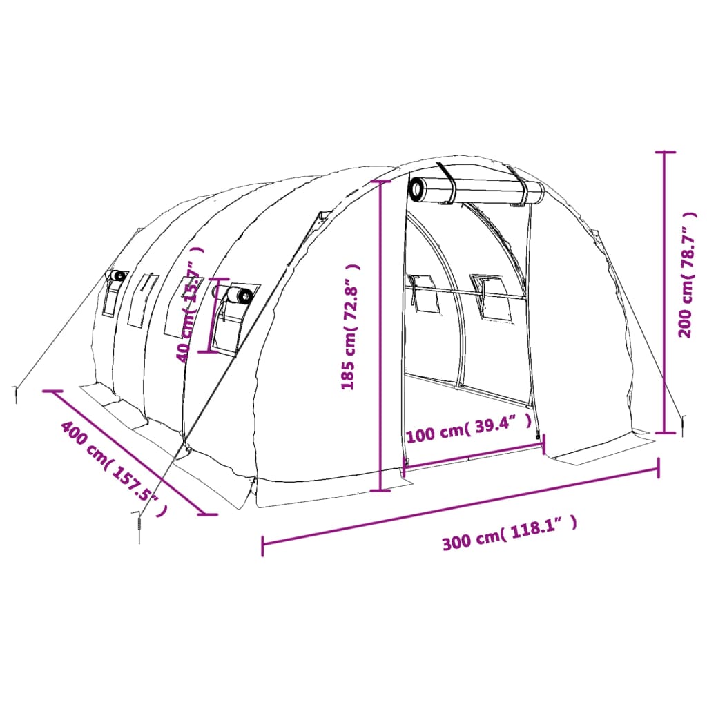 vidaXL Kasvihuone teräsrungolla valkoinen 12 m² 4x3x2 m