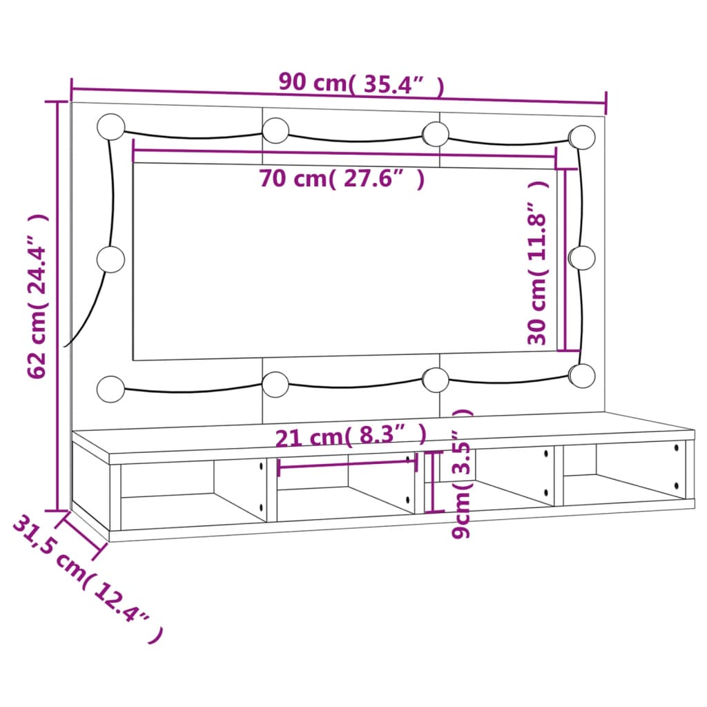 vidaXL Peilikaappi LED-valoilla savutammi 90x31,5x62 cm