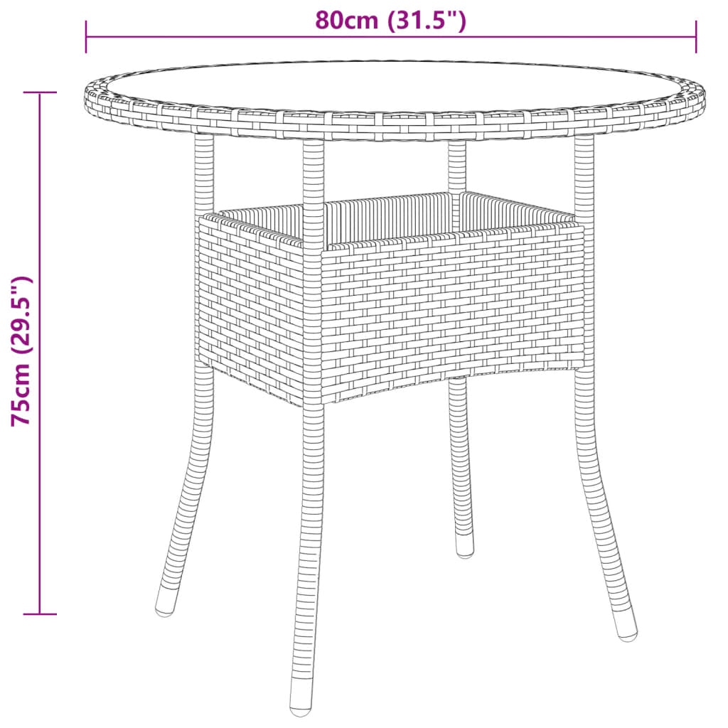 vidaXL Puutarhapöytä Ø80x75 cm karkaistu lasi ja polyrottinki ruskea