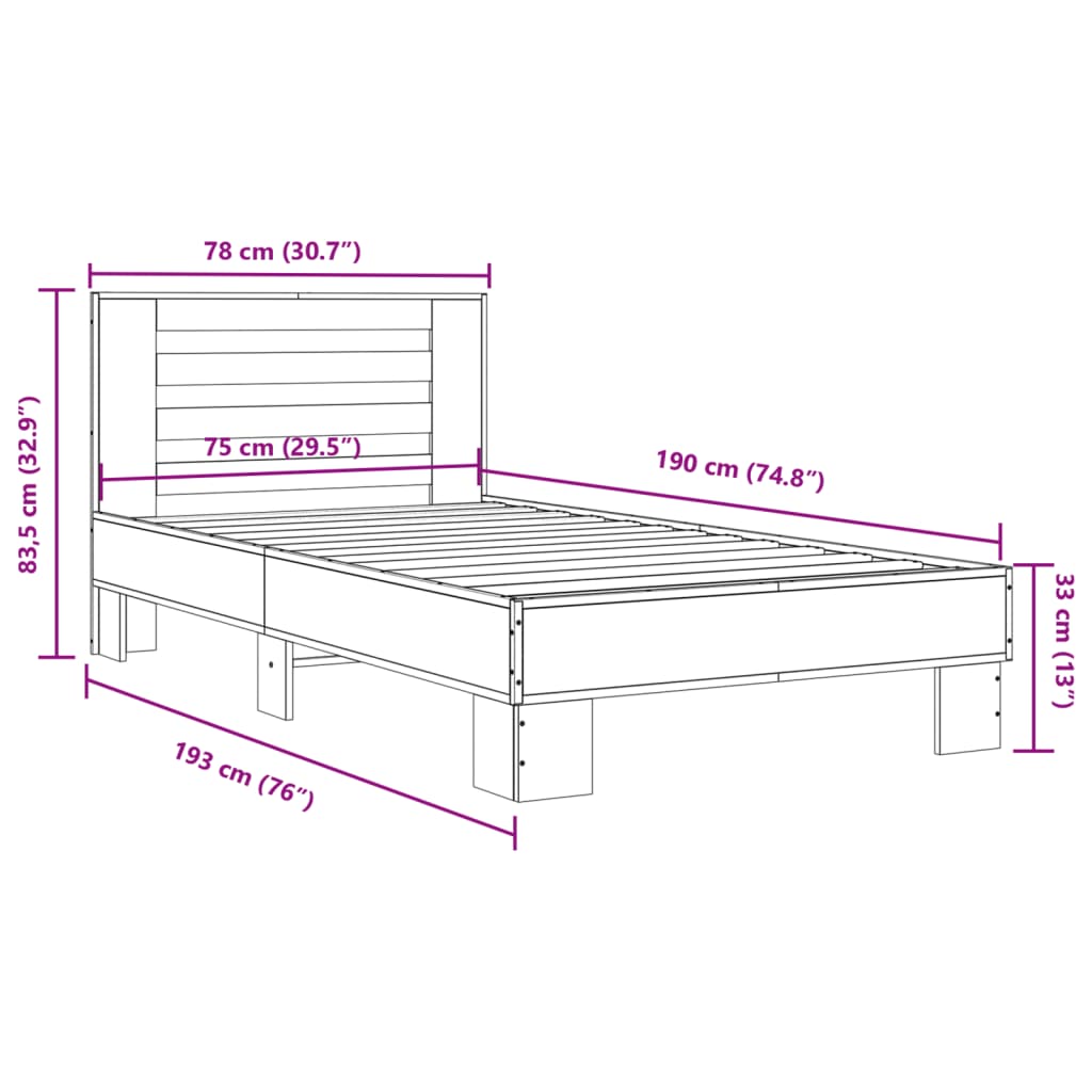 vidaXL Sängynrunko musta 75x190 cm tekninen puu ja metalli