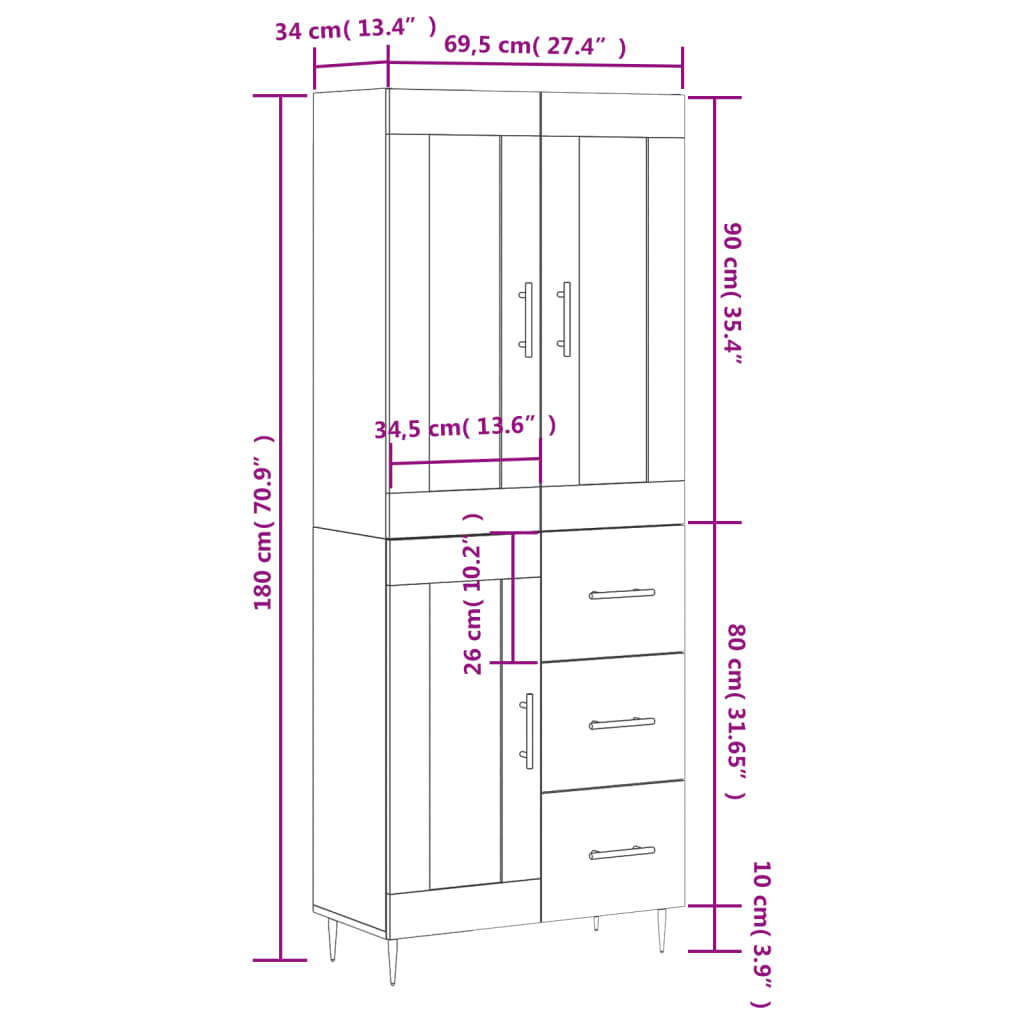 vidaXL Kaappi betoninharmaa 69,5x34x180 cm tekninen puu