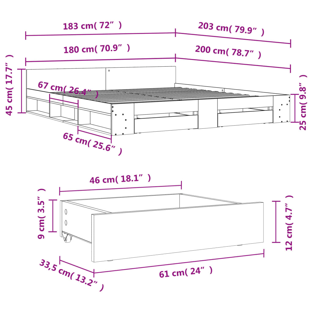 vidaXL Sängynrunko laatikoilla harmaa Sonoma 180x200 cm tekninen puu