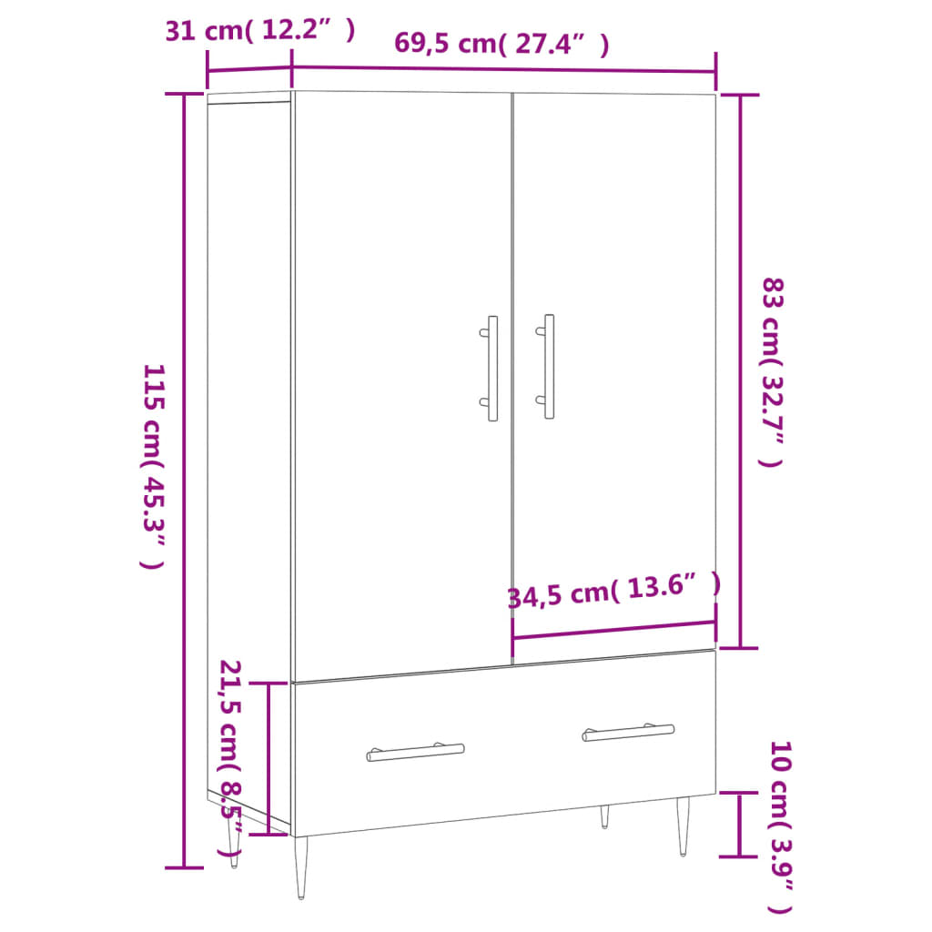 vidaXL Kaappi betoninharmaa 69,5x31x115 cm tekninen puu