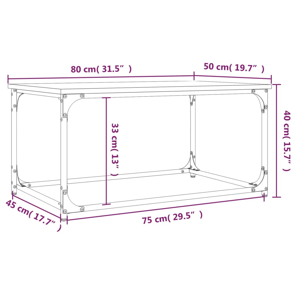 vidaXL Sohvapöytä Sonoma-tammi 80x50x40 cm tekninen puu ja rauta