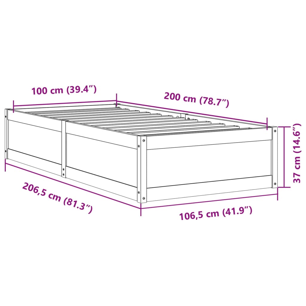 vidaXL Sängynrunko ilman patjaa 100x200 cm täysi mänty