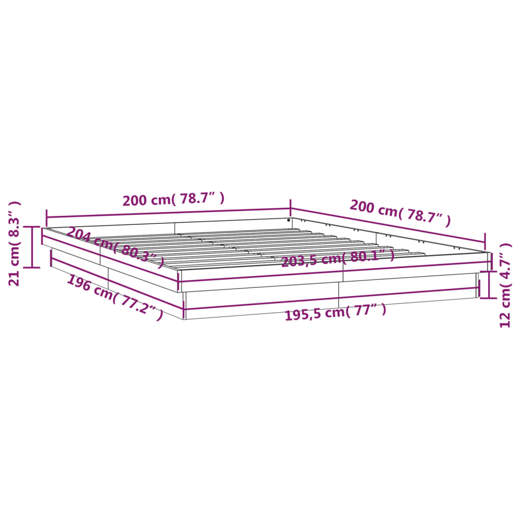 vidaXL LED-sängynrunko vahanruskea 200x200 cm täysi mänty