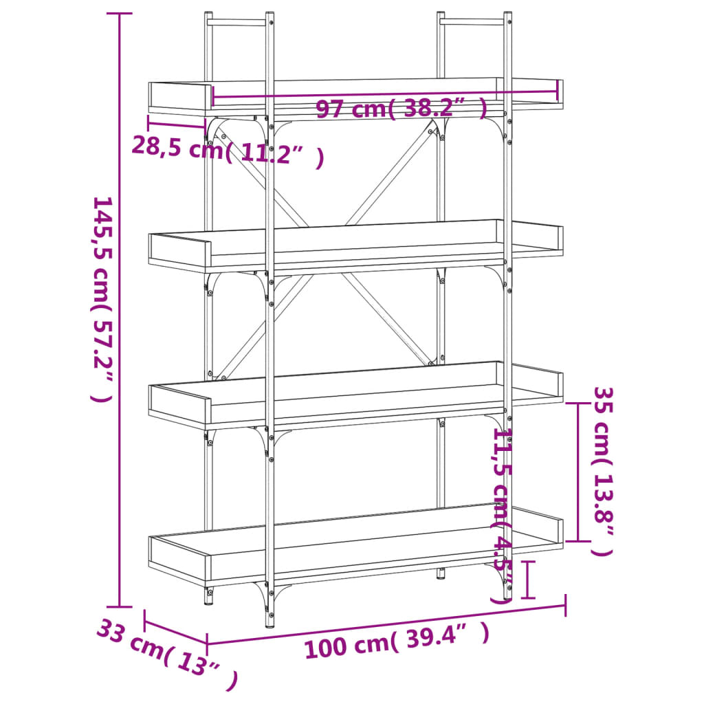 vidaXL Kirjahylly 4 tasoa Sonoma-tammi 100x33x145,5 cm tekninen puu