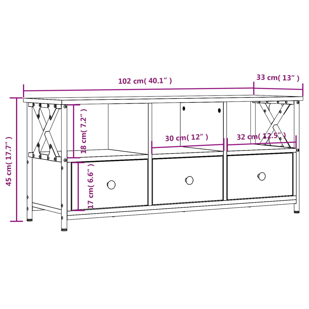 vidaXL TV-taso musta 102x33x45 cm tekninen puu ja rauta