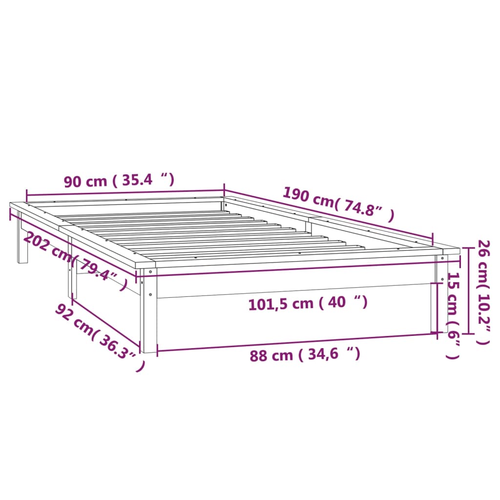 vidaXL Sängynrunko LED hunajanruskea 90x190 cm Single täysi puu